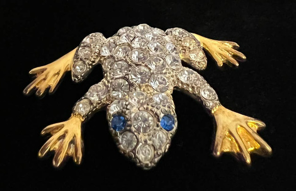 VTG 1998 Plainville Stock Co PSCO Brooch Frog Gold Tone Clear Blue Rhinestones - Picture 9 of 10